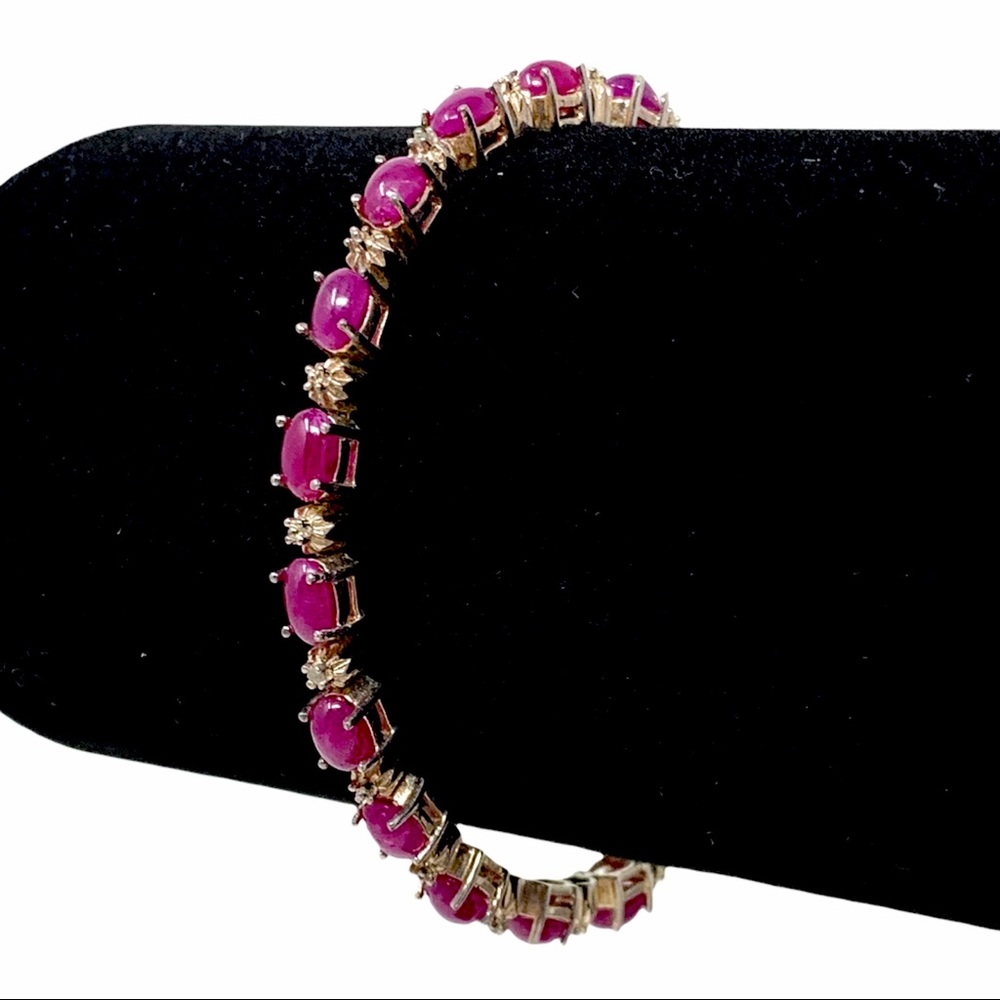Sterling Silver Pink Stone Diamond Chip Tennis Bracelet 7”
